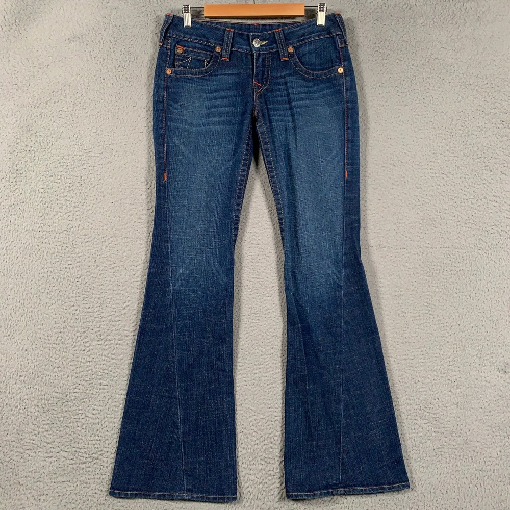 True Religion Joey Flare Jeans Women 29 Blue Dark Wash Twisted Seam Y2K Low Rise